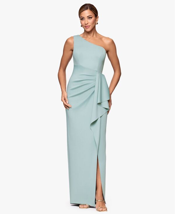 エスケープ レディース トップス ワンピース フリル ワンショルダー XSCAPE Women's One-Shoulder Side Ruffle Long Dressage セージ|ReVida 店