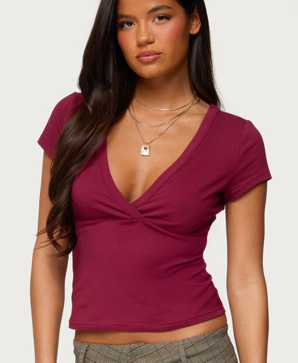 アディクテッド レディース トップス シャツ Vネック Edikted Women's Merinda V Neck T Shirt Burgundy バーガンディ