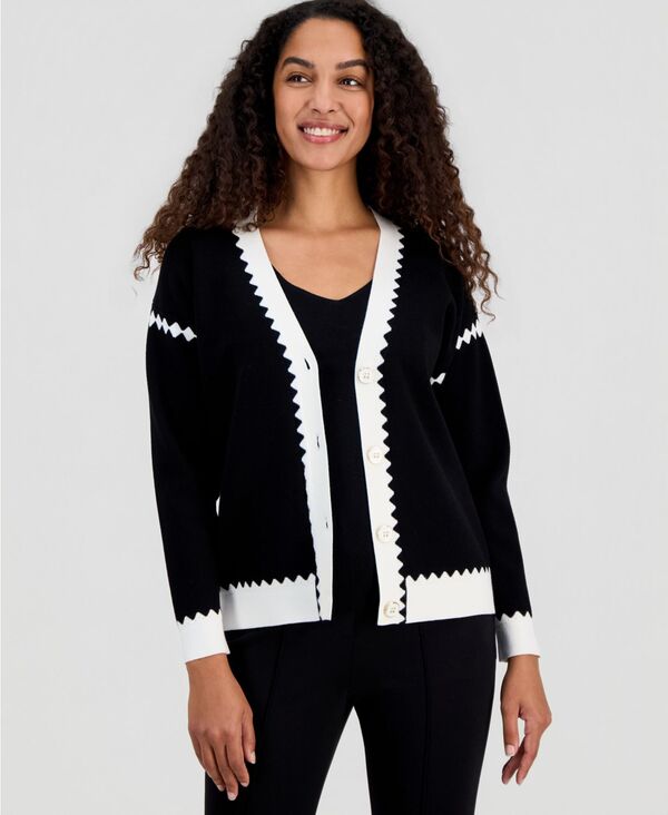 ティー・タハリ レディース アウター ニット・セーター Vネック カラーブロック カーディガン Tahari Women's Colorblocked V-Neck Button Cardigan Black / White Star ホワイト