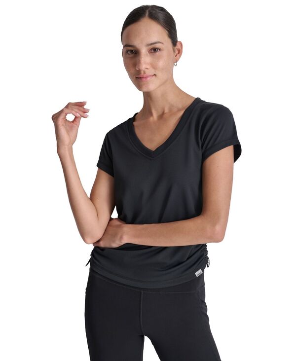 ダナ キャラン ニューヨーク レディース トップス Tシャツ Vネック ギャザー DKNY Sport Women's Ruched Side Seams V-Neck Tech T-Shirt Black ブラック｜ReVida 店