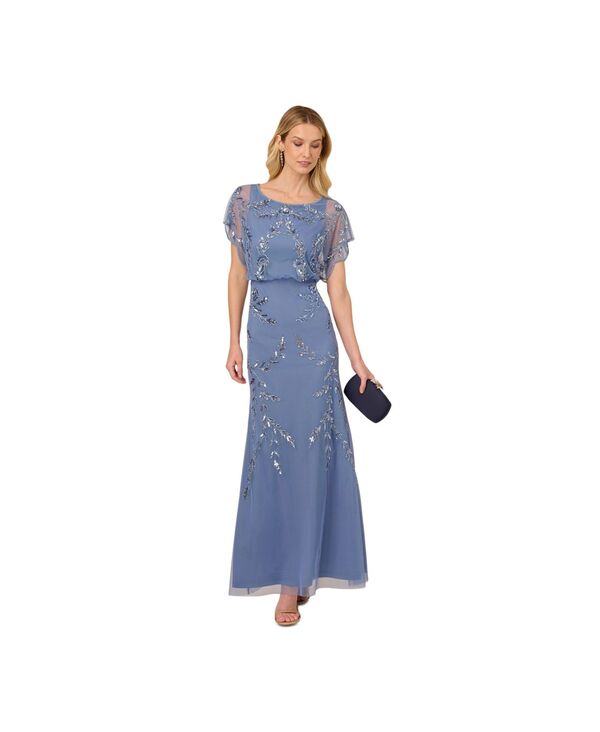 アドリアナ パペル レディース トップス ワンピース Adrianna Papell Studio Women's Beaded Flutter-Sleeve Blouson Gown French Blue ブルー
