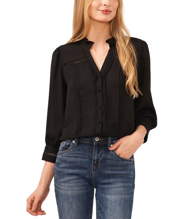 セセ レディース トップス シャツ ブラウス レース CeCe Women's Lace Trimmed Pintuck 3/4-Sleeve Button Front Blouse Rich Black ブラック