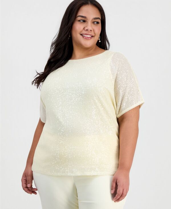 アンクライン レディース トップス シャツ プラスサイズ スパンコール Anne Klein Plusize Sequinedolman-Sleeve Top Whisper Yellow イエロー