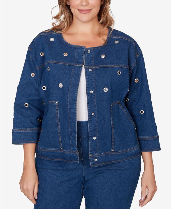 ルビーアールディー レディース アウター ジャケット・ブルゾン プラスサイズ デニム Ruby Rd. Plusize Grommet Detail Stretch Denim Jacket Indigo インディゴ