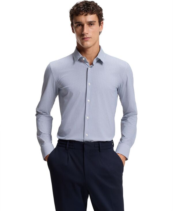 ヒューゴボス メンズ トップス シャツ プリント ジャージー Hugo Boss Men's Printed Performance-Stretch Jersey Slim-Fit Dresshirt Open Blue ブルー|ReVida 店