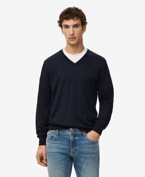 マンゴ メンズ アウター 編み物・スウェーター Vのど首 羊毛 MANGO Men\u0027s Merino Wool V-Neck Sweater Navy 米国海軍