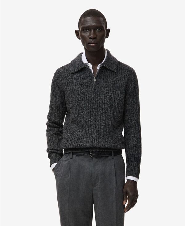 マンゴ メンズ アウター 編み物・プルオーバー 毛糸 MANGO Men\u0027s Wool-Blend Zipper Sweater Dark Heather Grey 薄墨色