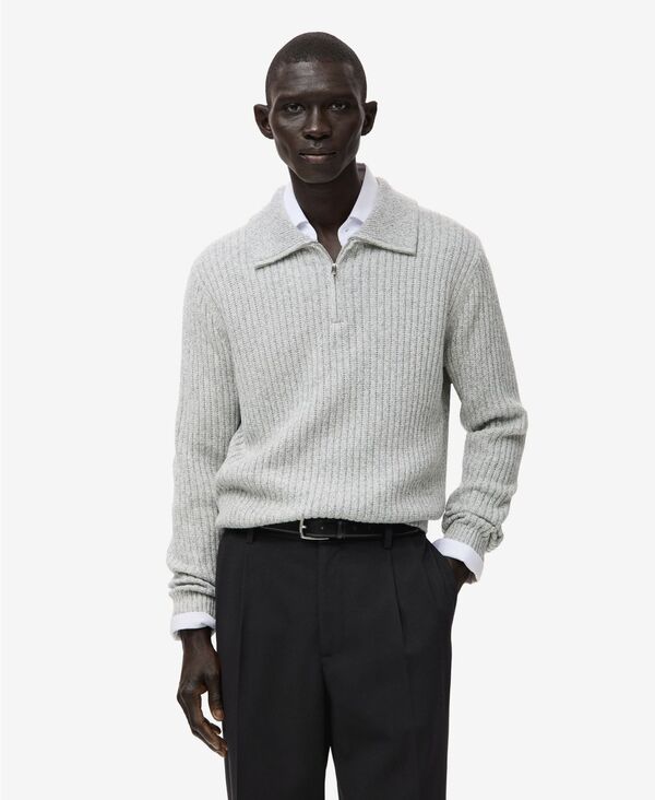 マンゴ メンズ アウター 編み物・プルオーバー 毛糸 MANGO Men\u0027s Wool-Blend Zipper Sweater Light Heather Grey 薄墨色