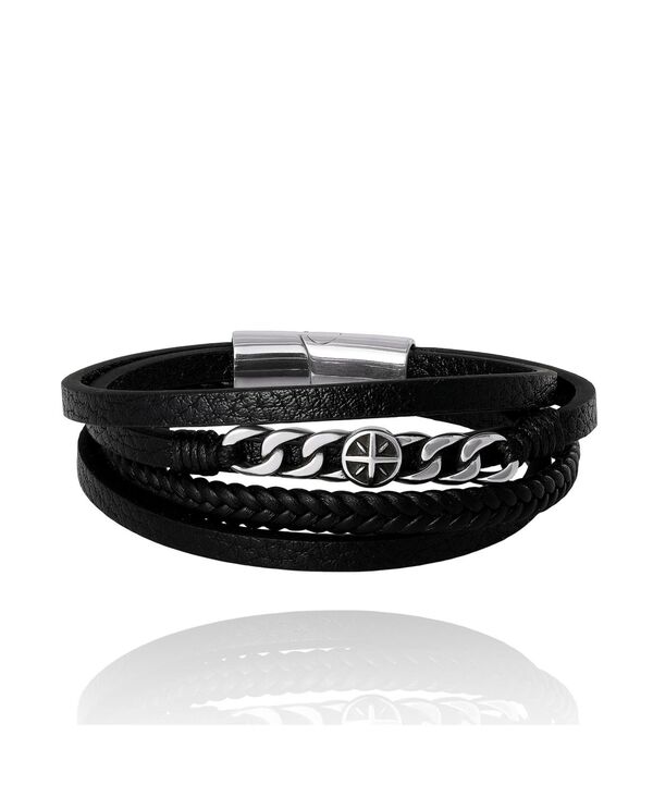 ラッキーブランド メンズ 添え物 ブレスレット・バングル・アンクレット なめし革 Lucky Brand Men s Multi Row Leather \u0026 Chain 8.25\u0027\u0027 Bracelet with Compass Emblem Black/silver tone 黒いこと