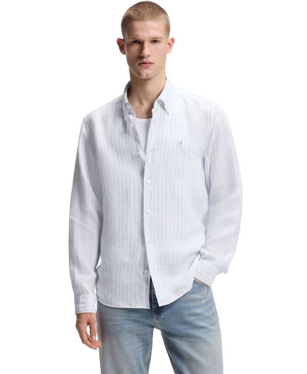 ヒューゴボス メンズ トップス シャツ リネン Hugo Boss Men's Regular-Fit Striped Linen Dresshirt Open Blue ブルー|ReVida 店
