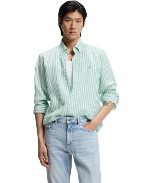 ヒューゴボス メンズ トップス シャツ リネン Hugo Boss Men's Regular-Fit Striped Linen Dresshirt Open Green グリーン|ReVida 店