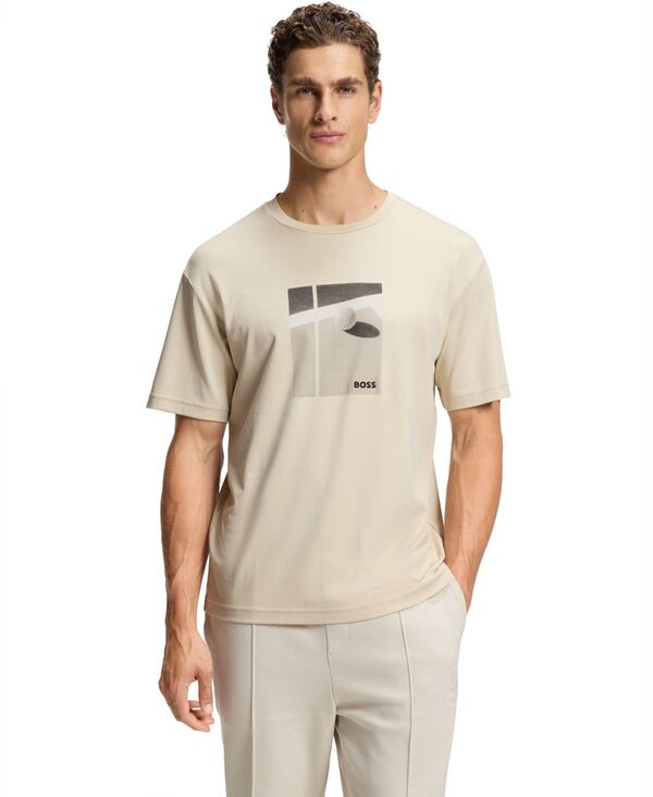 ヒューゴボス メンズ トップス Tシャツ コットン Hugo Boss Men's Tennis Artwork Pima-Cotton T-Shirt Open Beige ベージュ|ReVida 店