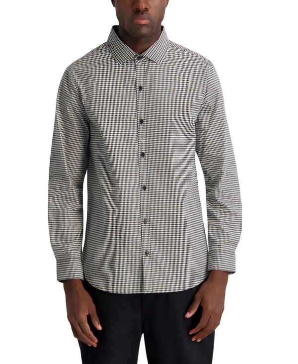 カール ラガーフェルド メンズ トップス シャツ ダウン 長袖 KARLAGERFELD PARIS Men's Core Long-Sleeve Button-Down Shirt Black/ White ホワイト｜ReVida 店