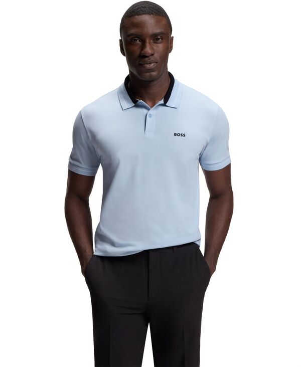 ヒューゴボス メンズ トップス ポロシャツ コットン Hugo Boss Men'stretch-Cotton Stripe Trims Polo Shirt Open Blue ブルー｜ReVida 店