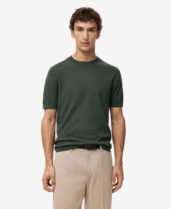 マンゴ メンズ トップス Tシャツ コットン ニット MANGO Men's Cotton Fine-Knit-Shirt Khaki カーキ