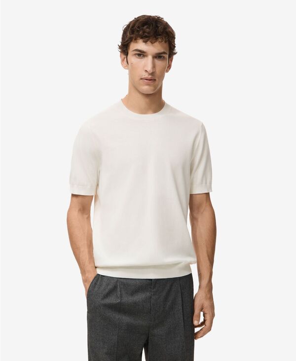 マンゴ メンズ トップス Tシャツ コットン ニット MANGO Men's Cotton Fine-Knit-Shirt Off White オフホワイト