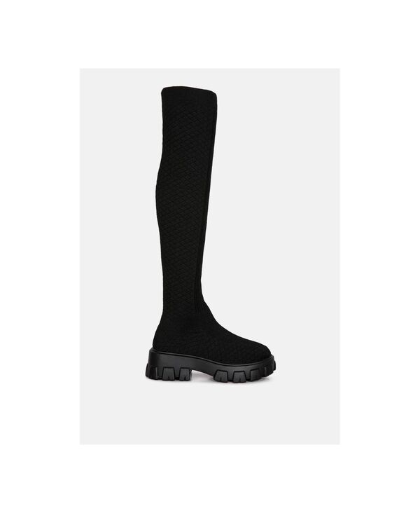 ロンドンラグ レディース シューズ ブーツ・レインブーツ ニット London Rag Womens Loro Stretch Knit Knee High Boots Black ブラック|ReVida 店