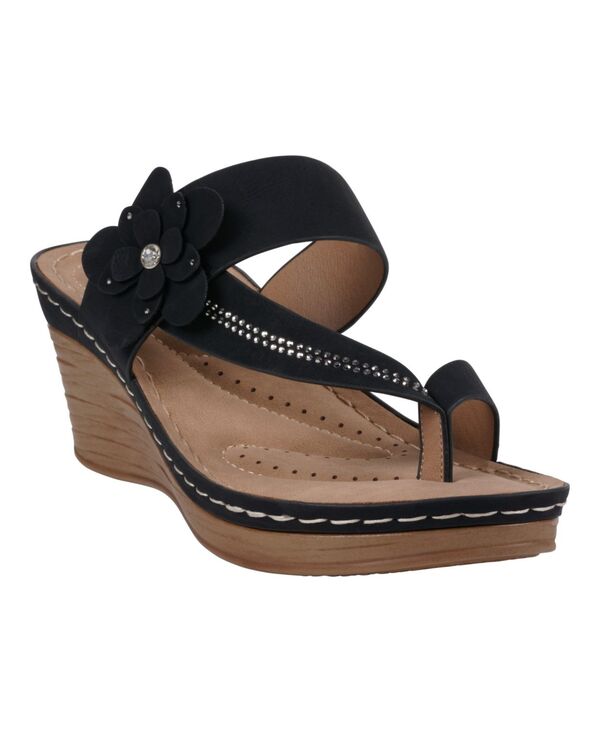 ジーシーシューズ レディース サンダル フラワー柄 フラワー GC Shoes Women's Taryn Floral Wedge Sandals Black ブラック｜ReVida 店