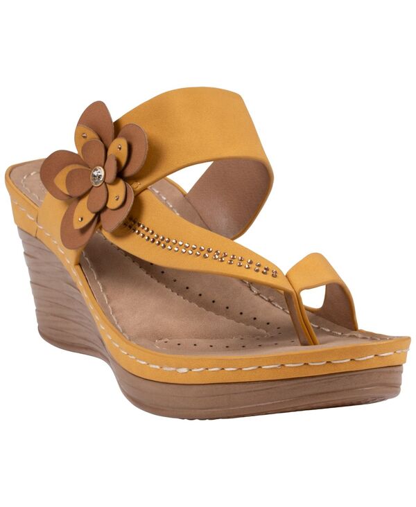 ジーシーシューズ レディース サンダル フラワー柄 フラワー GC Shoes Women's Taryn Floral Wedge Sandals Yellow イエロー｜ReVida 店