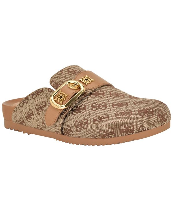 ゲス レディース シューズ スリッポン・ローファー GUESS Womens Galavanta Buckle Slip-On Flat Clogs Brown Jaquard Logo ブラウン
