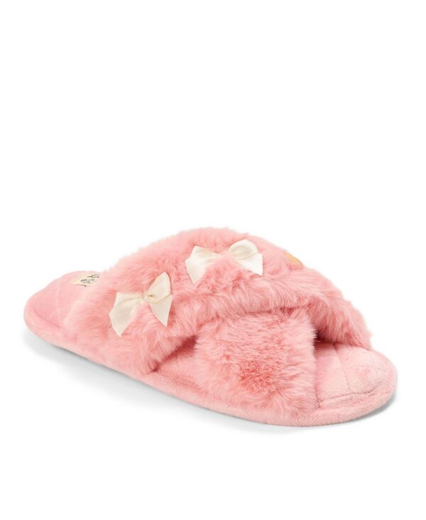 ディアフォームズ レディース シューズ サンダル Dearfoams Women's Jessica Bows Furry Crossband Slide Slipper Coral cream クリーム｜ReVida 店