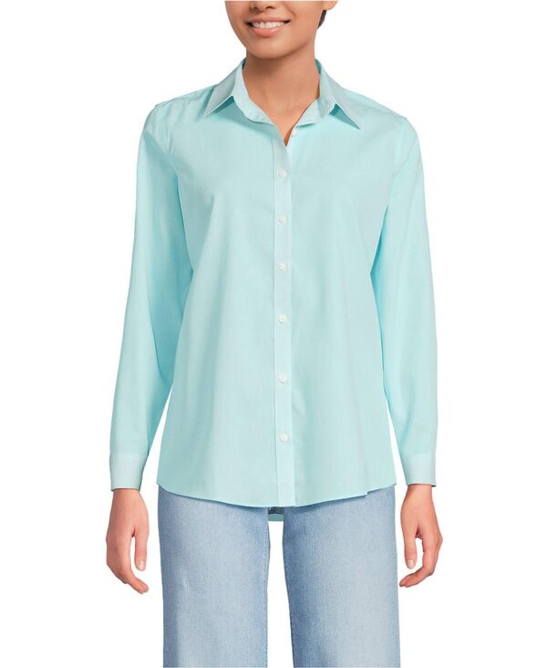 ランズエンド レディース トップス シャツ プチ Lands' End Petite No Iron Button Front Shirt Bright aqua breeze mini stripe アクア