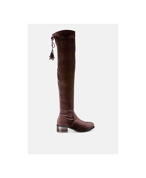 ロンドンラグ レディース シューズ ブーツ・レインブーツ ベルベット ヒール London Rag Womens Rumple Velvet Over The Knee Clear Heel Boots Brown ブラウン｜ReVida 店