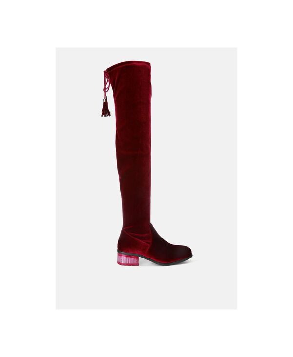 ロンドンラグ レディース シューズ ブーツ・レインブーツ ベルベット ヒール London Rag Womens Rumple Velvet Over The Knee Clear Heel Boots Medium red レッド｜ReVida 店