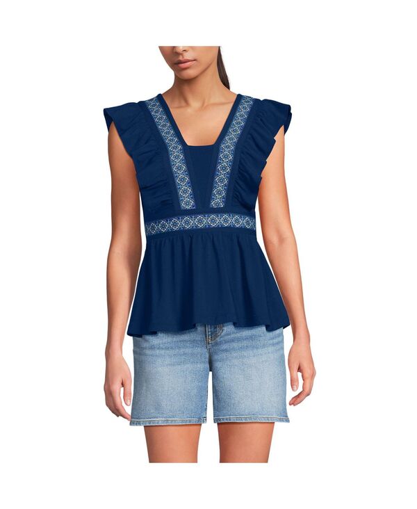 ランズエンド レディース トップス シャツ フリル ジャージー Lands' End Women's Lightweight Jersey Ruffle Peplum Top Deep sea mosaic tile border