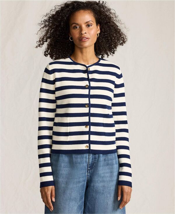 ランズエンド レディース アウター ジャケット・ブルゾン セーター コットン ブレザー Lands' End Women's Fine Gauge Cotton Milano Blazer Sweater Fresh ivory/navy breton stripe アイボリー|ReVida 店