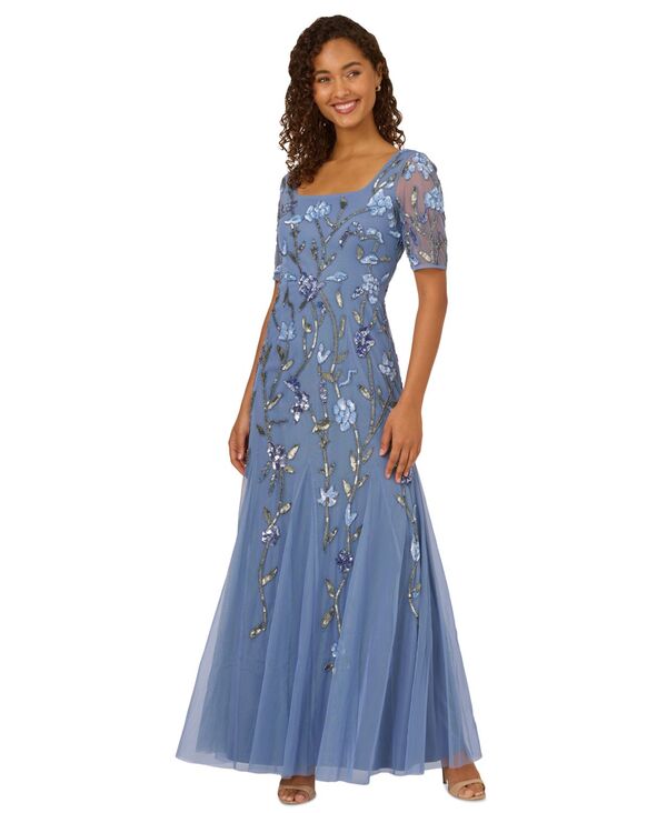アドリアナ パペル レディース トップス ワンピース プチ Adrianna Papell Women's Petite Beaded Square Neck Long Dress French Blue ブルー