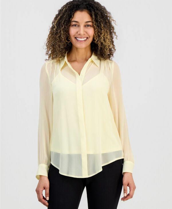 アイ.エヌ.シー インターナショナル コンセプト レディース トップス シャツ プチ シアー ブラウス I.N.C. International Concepts Petite Lined Sheer Blouse Yellow Mist イエロー