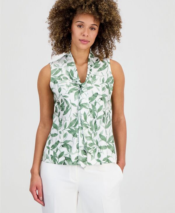 カスパール レディース トップス シャツ プチ プリント ノースリーブラウス Kasper Women's Printed Tie-Neck Sleeveless Blouse Regular & Petite Loden Dusk Multi マルチカラー