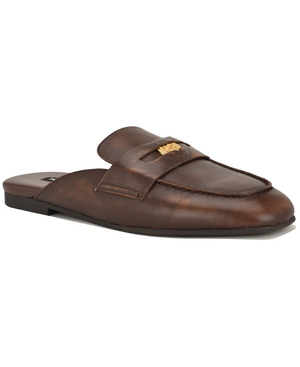 ナインウェスト レディース シューズ スリッポン・ローファー Nine West Women's Evans Penny Loafer Flat Slip-On Mules Dark Brown Leather ブラウン｜ReVida 店