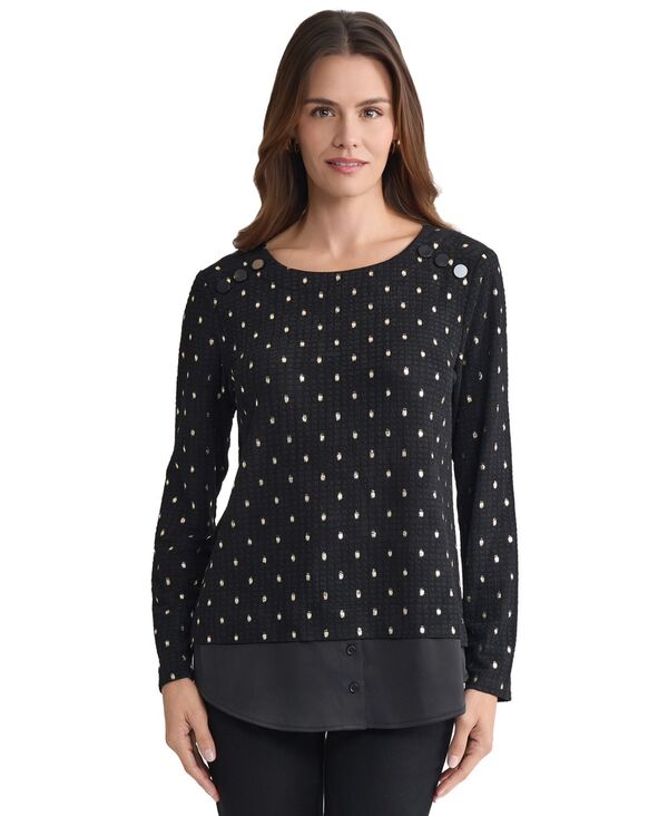 ジョーンズニューヨーク レディース トップス シャツ コントラスト Jones New York Women's Textured Contrast-Hem Top Jones Black/Jones White ホワイト
