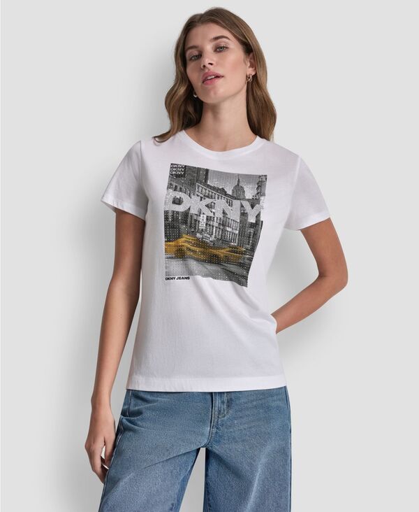 ダナキャランニューヨーク レディース トップス Tシャツ DKNY Jeans Women's Rhinestone Taxi Photoreal T-Shirt White/Taxi Cab Yellow ホワイト