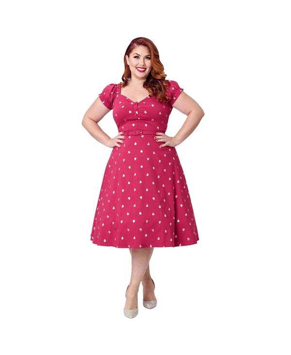 ユニークビンテージ レディース トップス ワンピース プラスサイズ Unique Vintage Plusize 1960s Ohara Sweetheart Neckline Swing Dress Pink w/heart print ピンク｜ReVida 店