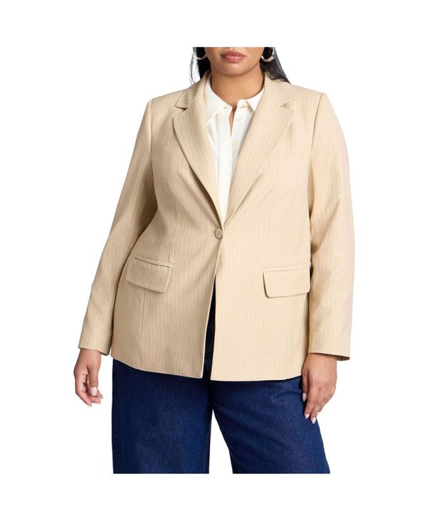 エロクイ レディース アウター ジャケット・ブルゾン プラスサイズ ブレザー ELOQUII Women's Plusize Pinstripe Blazer Tan white stripe ホワイト