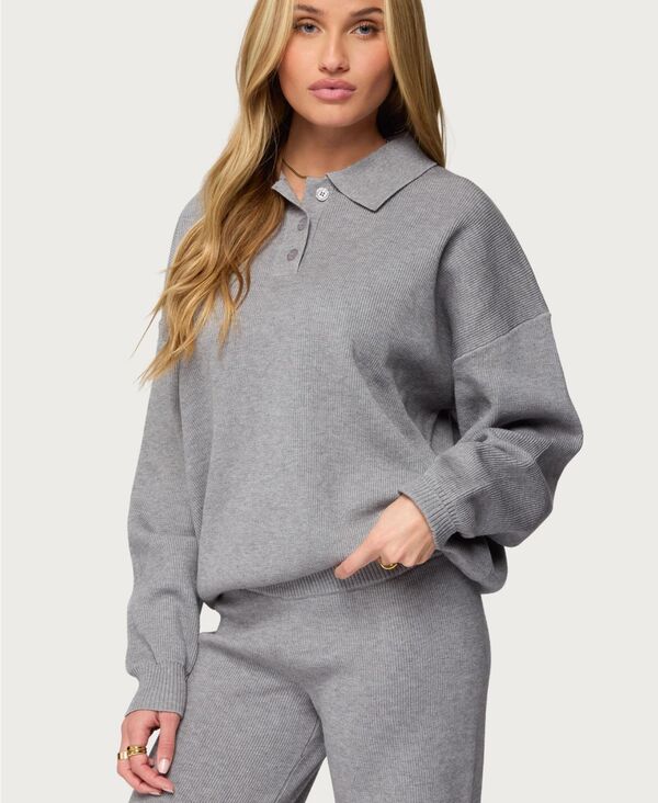 アディクテッド レディース アウター ニット・セーター ポロシャツ Edikted Womens Lorie Oversized Knit Polo Sweater Gray-melange グレー