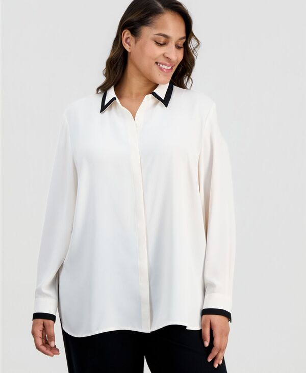 アンクライン レディース トップス シャツ プラスサイズ ブラウス Anne Klein Plusize Spread-Collar Button-Front Blouse White Dove ホワイト