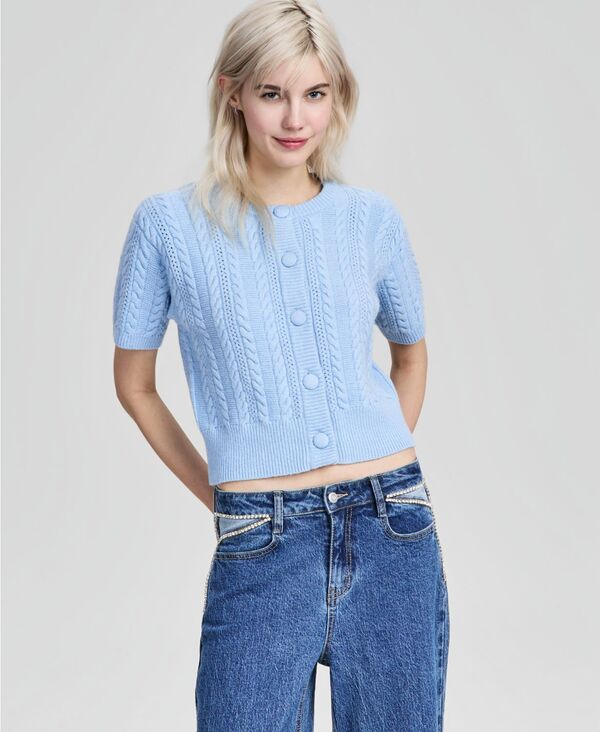 アンドノウディス レディース アウター ニット・セーター 半袖 カーディガン And Now This Women's Cable-Knit Short-Sleeve Cardigan Soft Indigo Heather ヘザー|ReVida 店