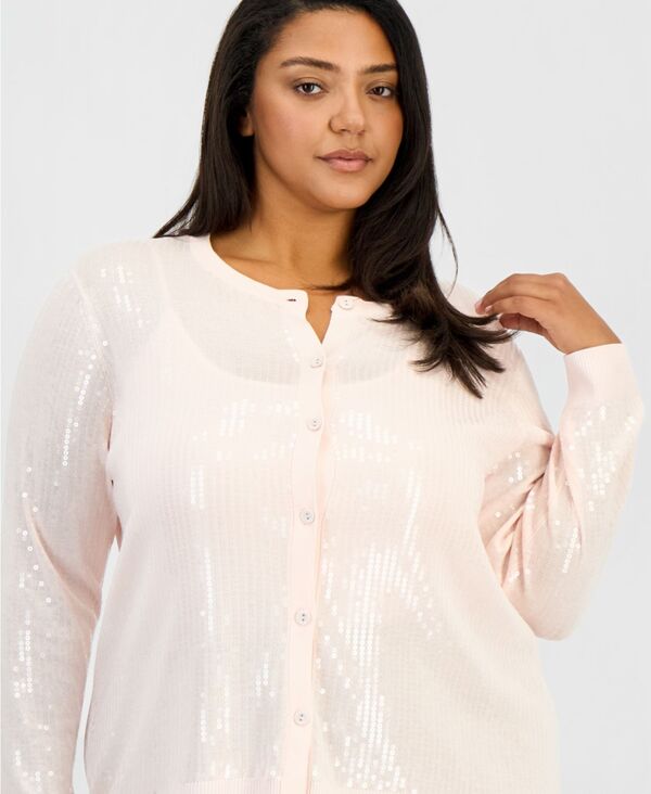 アンクライン レディース アウター ニット・セーター プラスサイズ スパンコール カーディガン Anne Klein Plusize Sequin Cardigan Sweater Soft Blossom