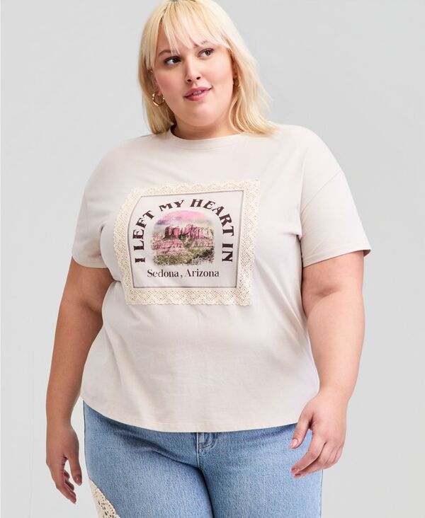 アンドノウディス レディース トップス Tシャツ プラスサイズ プリント コットン レース グラフィック And Now This Trendy Plusize Lace-Trim Graphic Print Cotton T-Shirt Mica