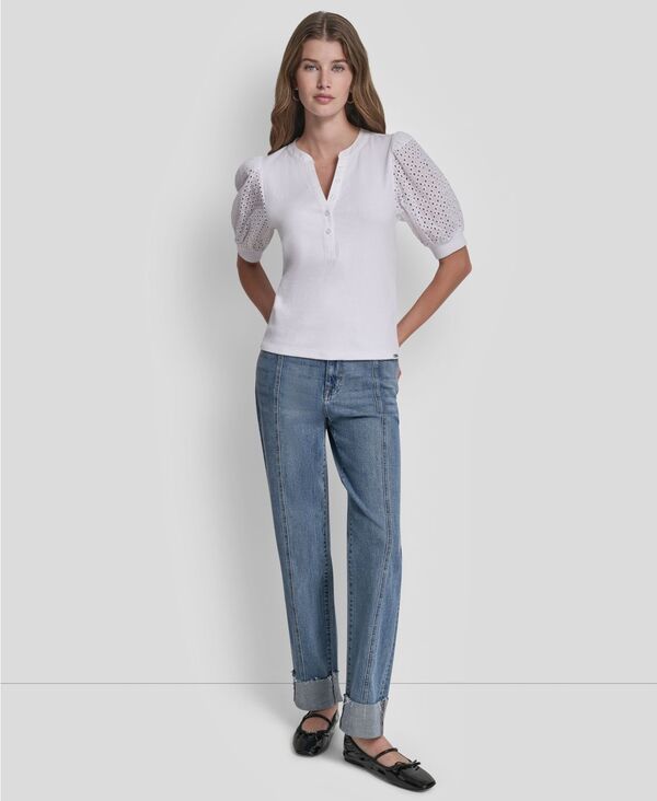 ダナキャランニューヨーク レディース トップス シャツ パフスリーブ DKNY Jeans Women's Puff-Sleeve Henley Top Clover White ホワイト|ReVida 店