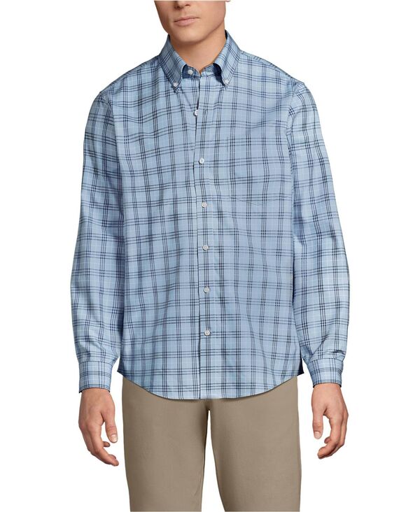 【送料無料】 ランズエンド メンズ シャツ トップス Big & Tall Traditional Fit No Iron Twill Shirt Light indigo blue plaid