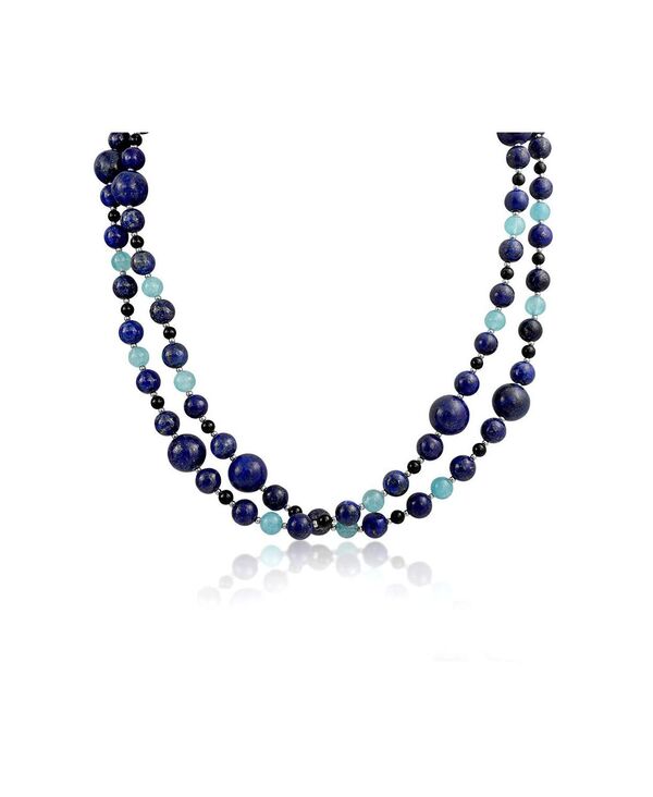 【送料無料】 ブリング レディース ネックレス・チョーカー・ペンダントトップ アクセサリー Long Wrap Around Layer Blue Shades Natural Aqua Quartz Blue Lapis Black Onyx Ball Bead Strand Necklace 40 Inch Blue 24,272円