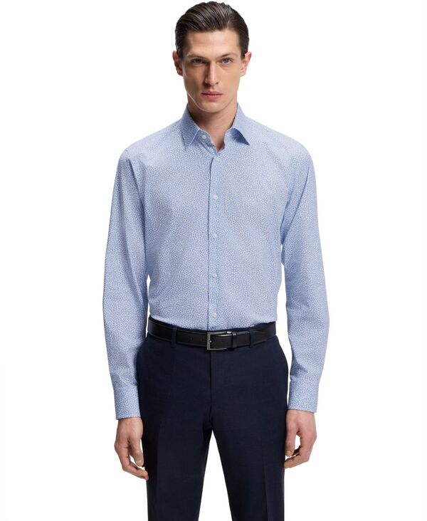 【送料無料】 ヒューゴボス メンズ シャツ トップス BOSS by Men's Printed Stretch Cotton Regular-Fit Dress Shirt Open Blue