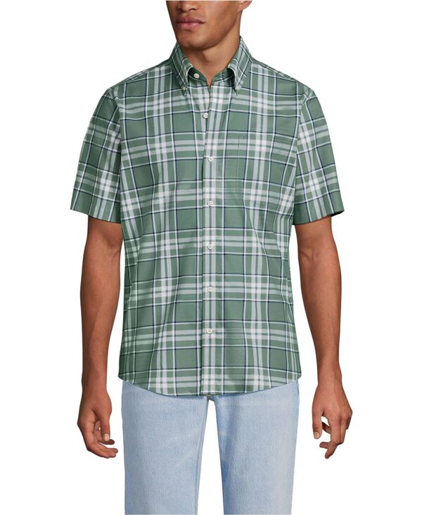 【送料無料】 ランズエンド メンズ シャツ トップス Men's Short Sleeve No Iron Twill Shirt Eucalyptus/navy plaid