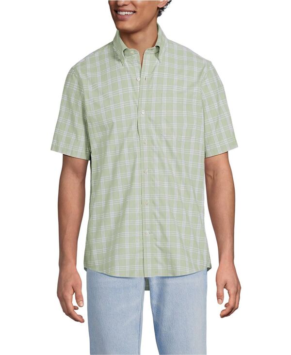 【送料無料】 ランズエンド メンズ シャツ トップス Men's Short Sleeve No Iron Twill Shirt Light stone green plaid