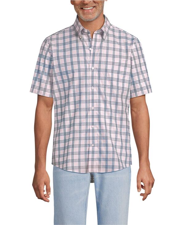 【送料無料】 ランズエンド メンズ シャツ トップス Men's Short Sleeve No Iron Twill Shirt Sea salt pink/navy plaid